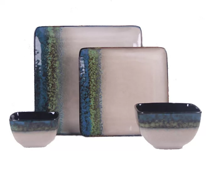 Green, Teal & Cream Square 16-Piece Stoneware Dinnerware Set 3 Green, Teal & Cream Square 16-Piece Stoneware Dinnerware Set