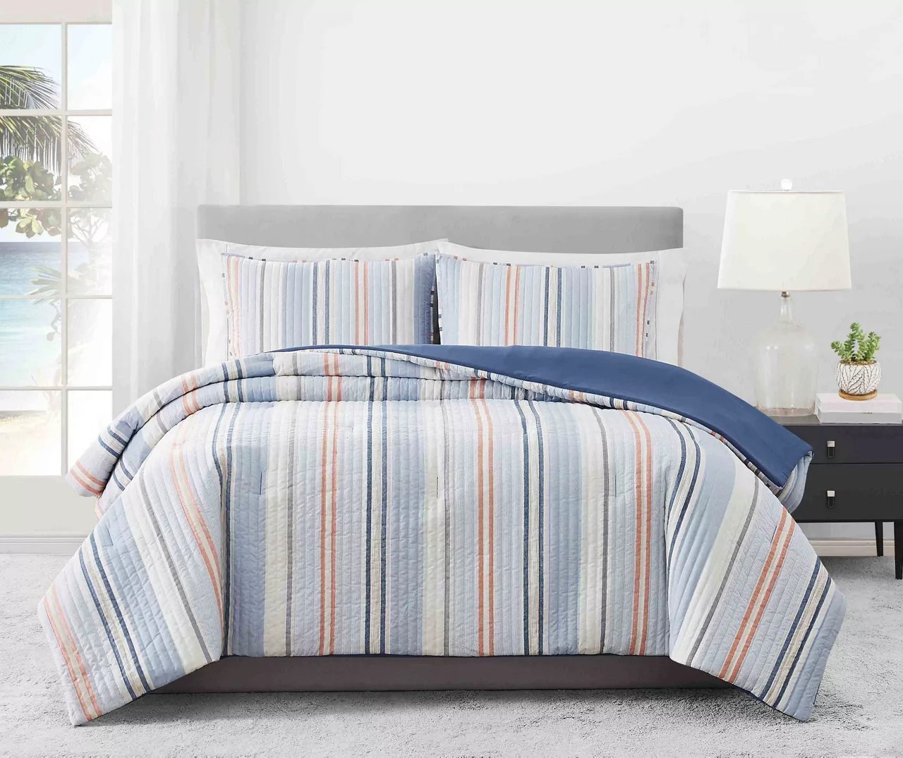 Blue & Coral Stripe Full/Queen 3-Piece Comforter Set 3 Blue & Coral Stripe Full/Queen 3-Piece Comforter Set