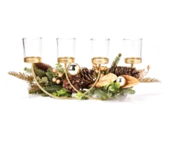 Festive Gathering Gold 4-Tier LED Votive Candle Centerpiece With Pine, Leaves And Berries