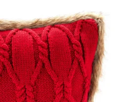 Red Cable-Knit Faux Fur-Trim Throw Pillow -Home Improvement Sale 810617278 A8 1