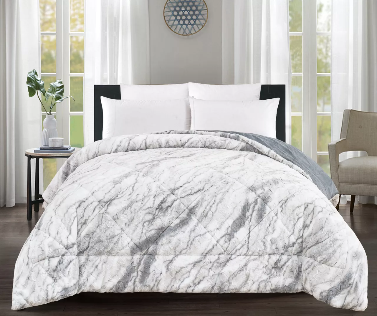 Gray Marble Print Faux Fur Full/Queen Comforter 3 Gray Marble Print Faux Fur Full/Queen Comforter